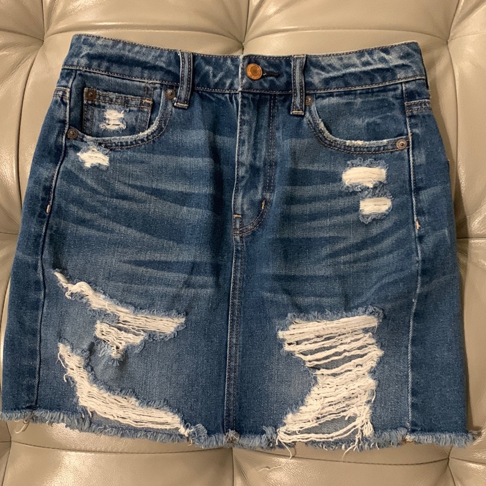 american eagle denim highest rise ripped mini skirt